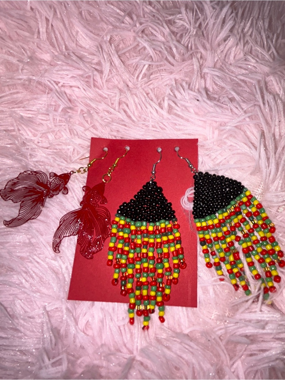 Black Beaded Fringe Earrings with Red, Yellow & Green Accent set
